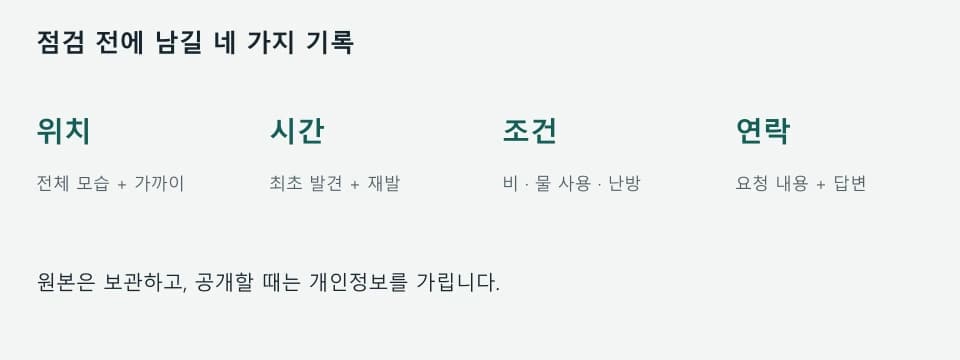 위치 사진, 발견 시간, 발생 조건, 연락 내용을 기록하는 네 가지 항목